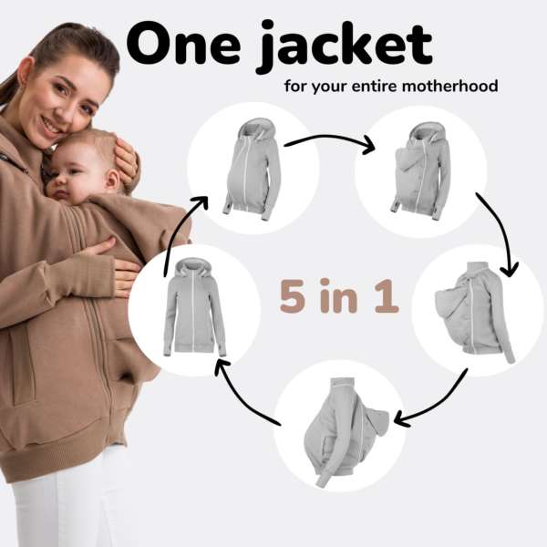 Une jaquette de portage pour porter votre enfant au chaud en toute saison. Avec son insert portage et de grossesse, c'est une veste 5 en 1 qui vous accompagnera de la grossesse à la marche. Pour porter au dos et en ventral. Achat en suisse. Venez tester et essayer en boutique