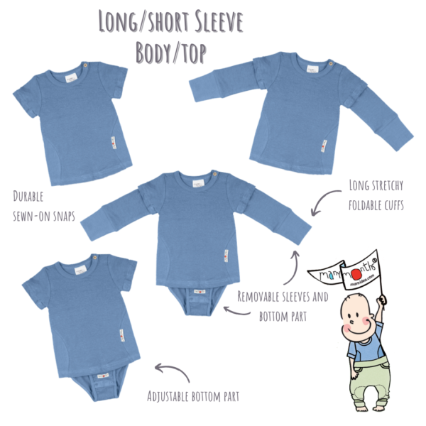 Manymonths habits enfant et bébé en chanvre. Anti Uv naturel. Evolutifs, l'habits se transforme de body en top et pull. Achat en Suisse en boutique jeteporte