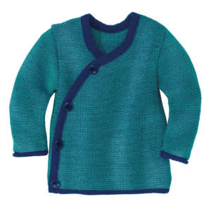 Une jaquette en laine mérinos. Pour des nuits au chaud pour bébé. De disana. Achat et conseils pour bien choisir vos vêtements en fibres naturelles, en suisse. Sur Jeteporte à Romont.
